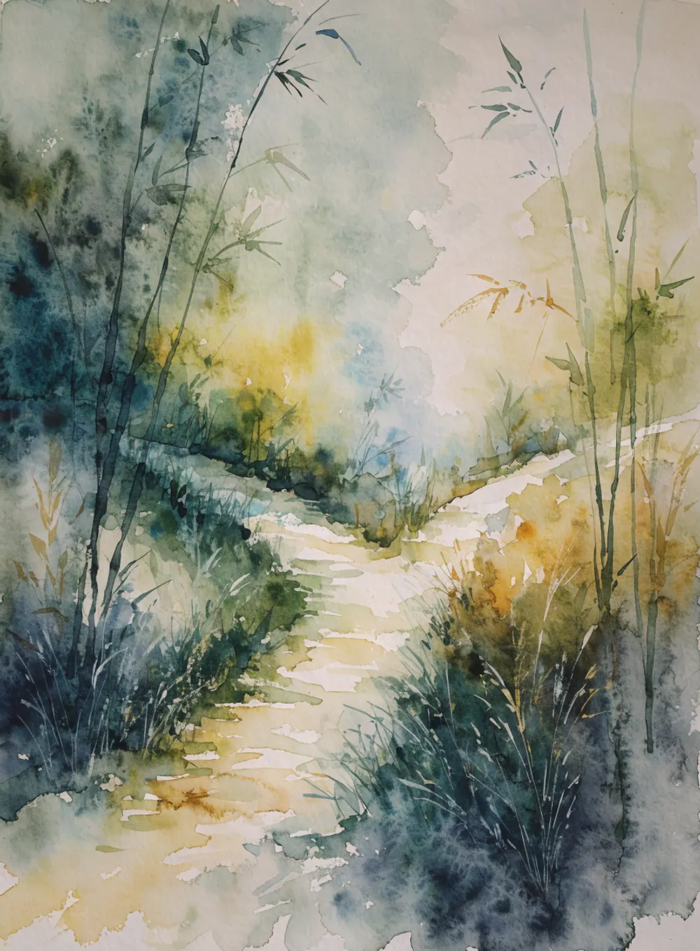 Un chemin dans les herbes et les bambous qui se sépare en deux directions